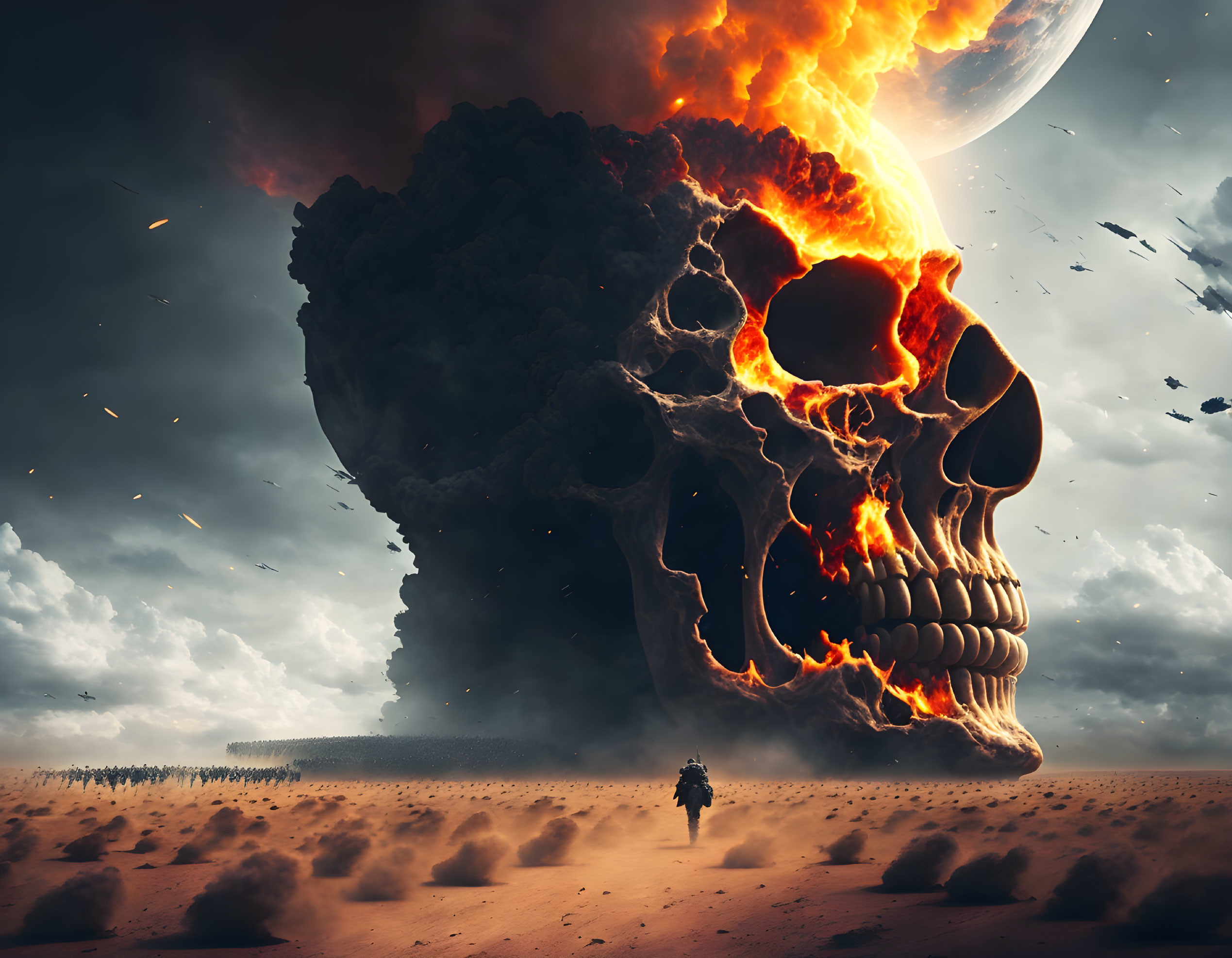 Motorcycle rider fleeing massive skull explosion in dark sky