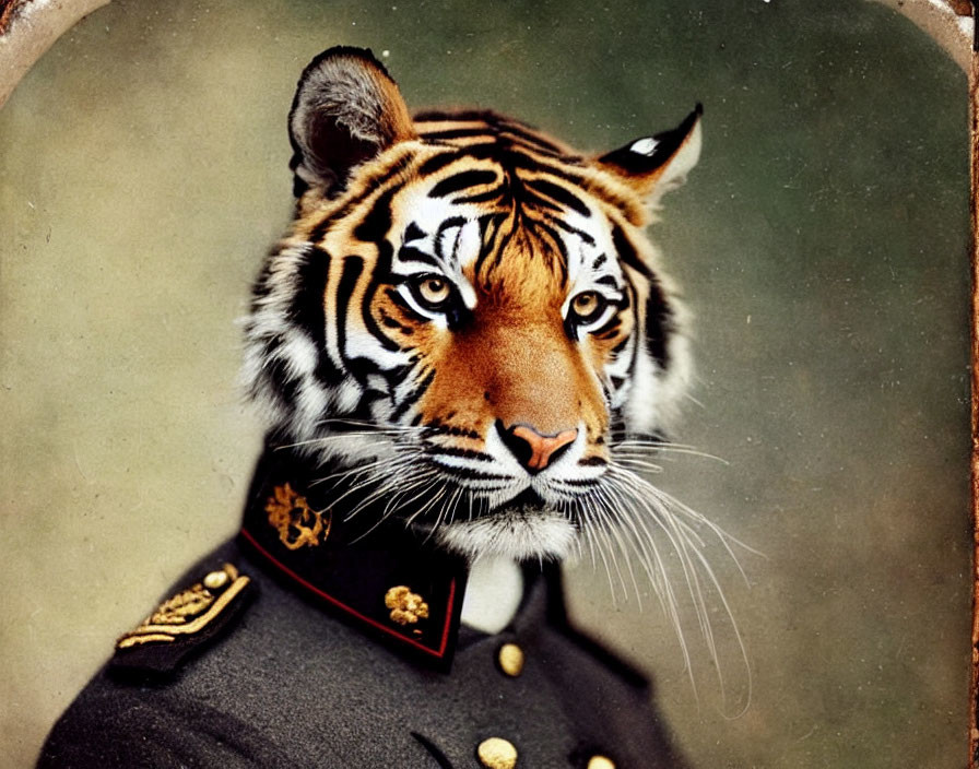 Tiger with human body in vintage military uniform