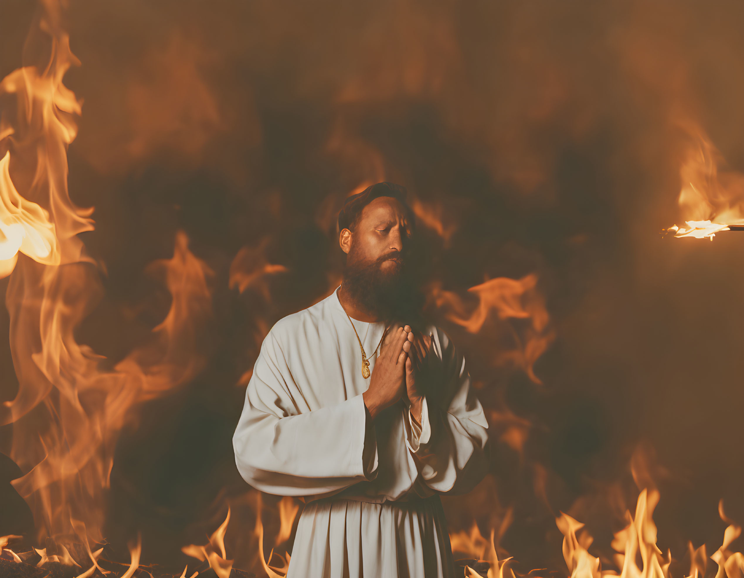 Bearded man in white robe praying amidst flames