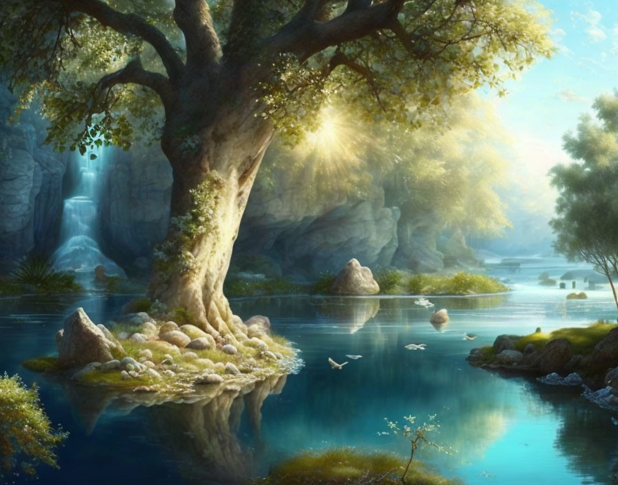 Scenic landscape with tree, sun rays, lake, waterfalls, and bird.