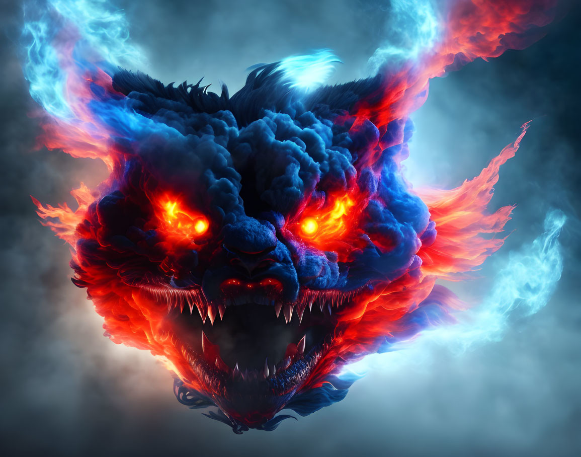 Mythical dragon digital art with glowing red eyes and flames