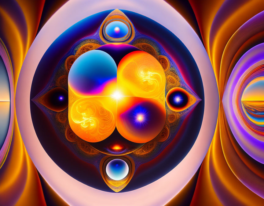 Symmetrical Abstract Image with Glowing Orbs and Intricate Textures