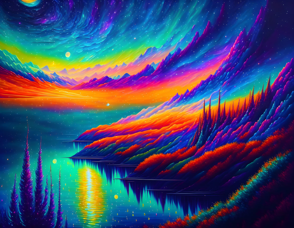 Colorful Sky and Illuminated Mountains in Surreal Landscape