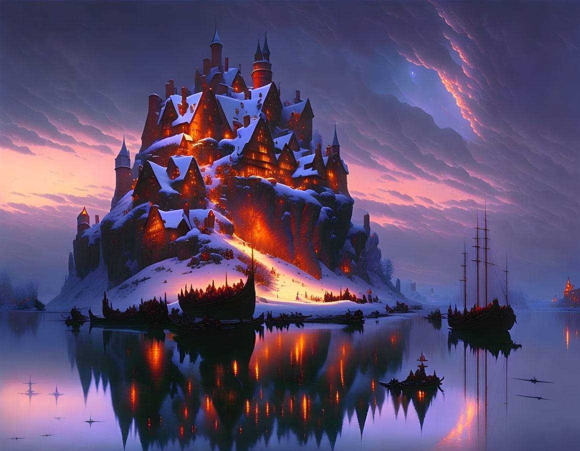 Majestic fantasy castle on snowy hill at twilight with boats on lake