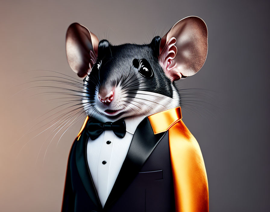 Mouse with human body in black tuxedo on orange lapel background