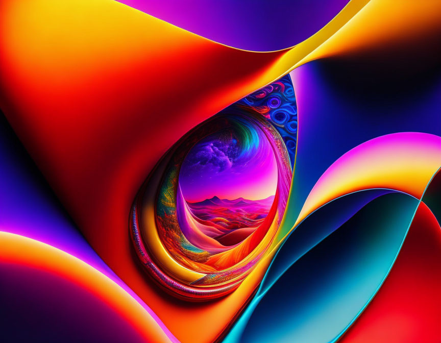 Colorful Abstract Art with Swirling Shapes and Surreal Landscape