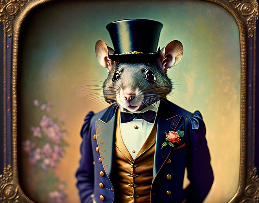 Rat in Top Hat & Suit with Victorian Frame & Floral Background