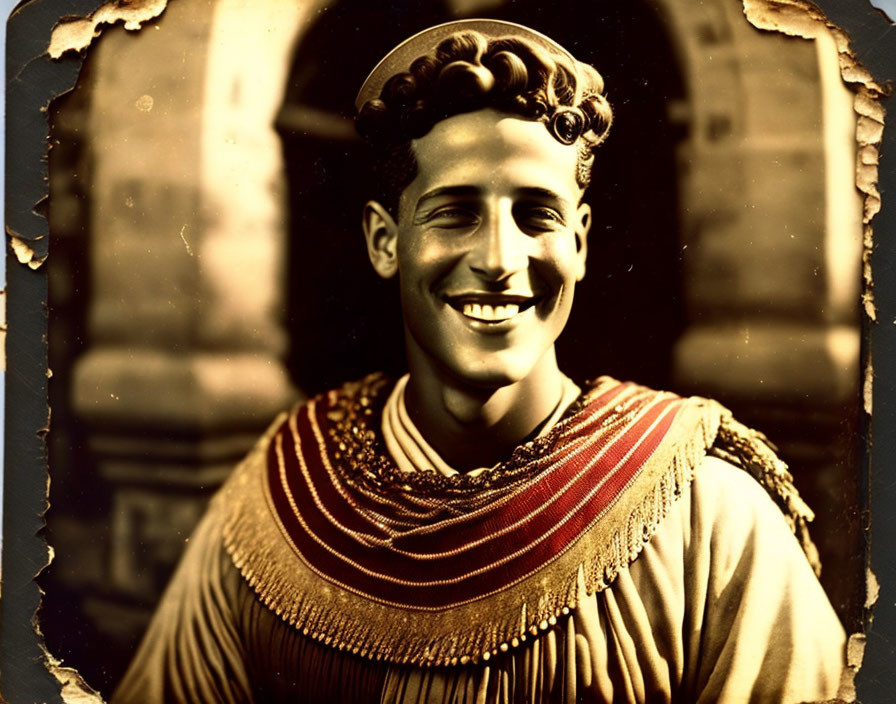 Sepia-Toned Vintage Photograph of Smiling Man in Roman-Style Attire