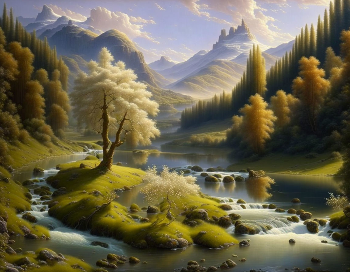 Tranquil fantasy landscape with river, stones, trees, mountains