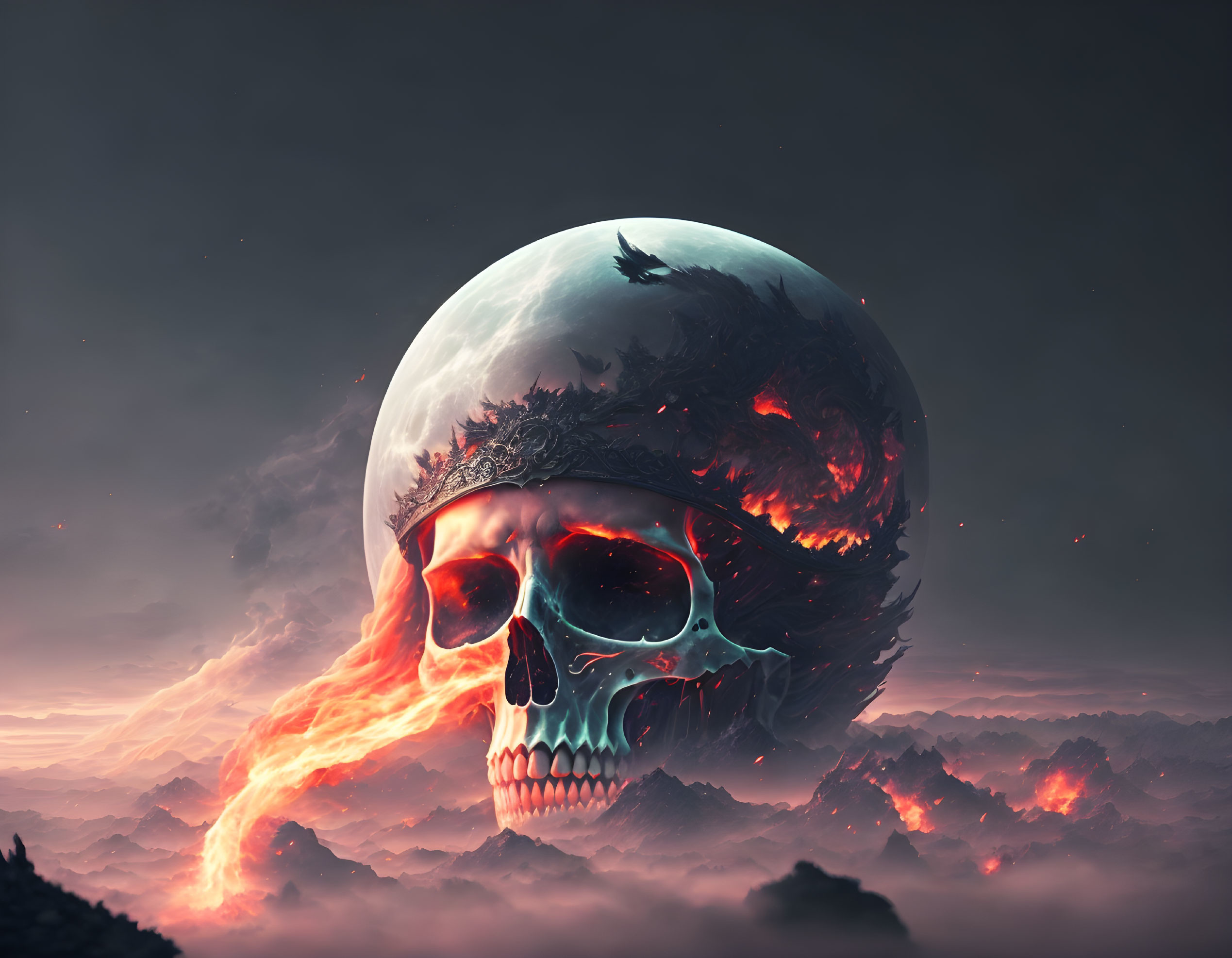 Skull on Fire with Full Moon, Raven, and Clouds in Surreal Scene