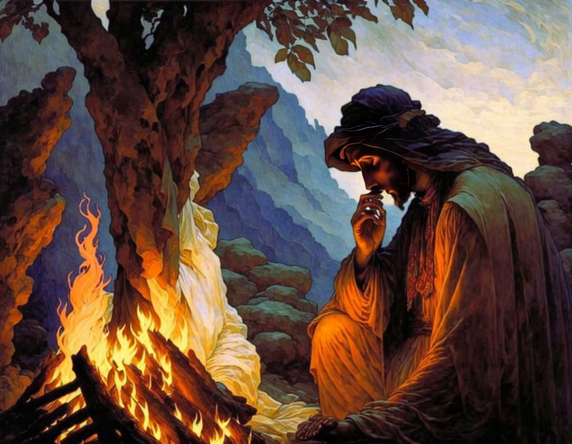 Pensive person in traditional attire by campfire at dusk