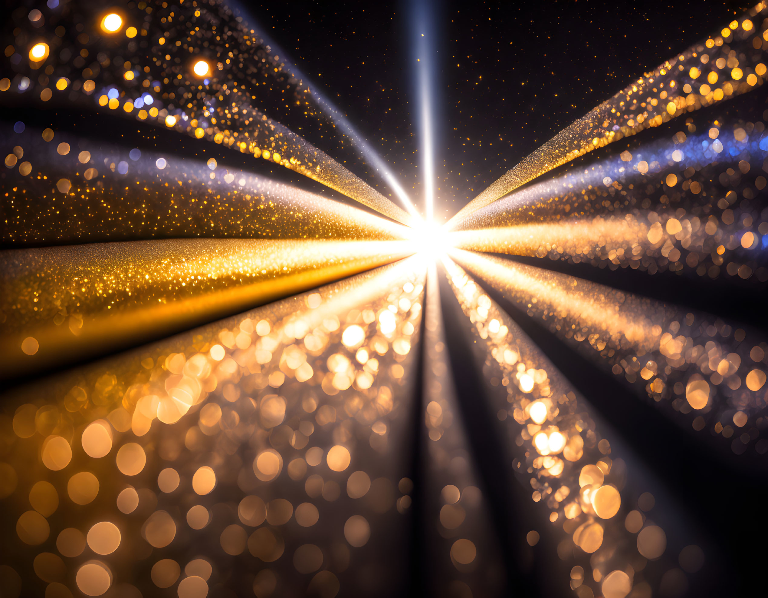 Center light source emits beams on dark backdrop with glittering particles.