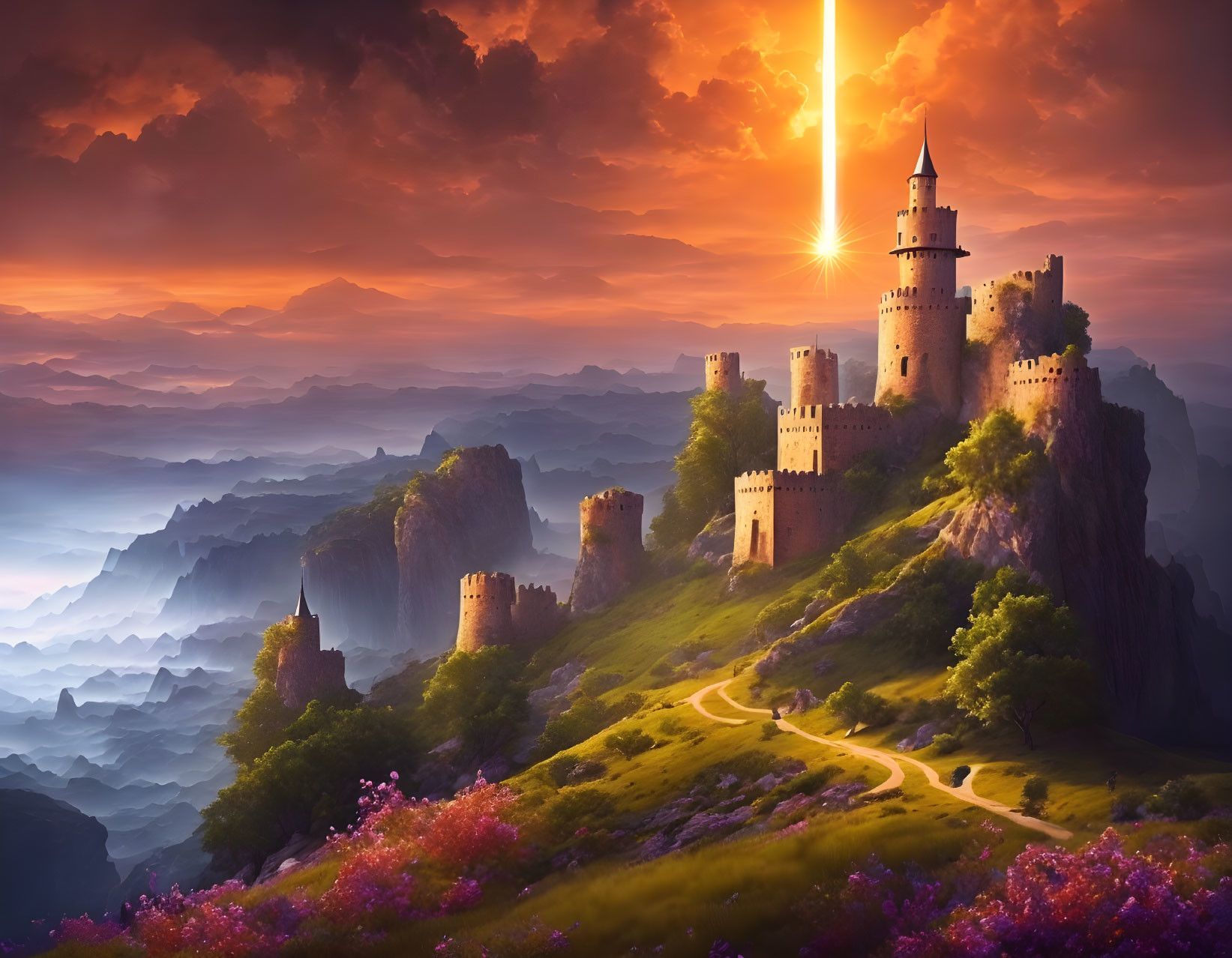 Fantasy castle on mountain peak at sunset with radiant light beam