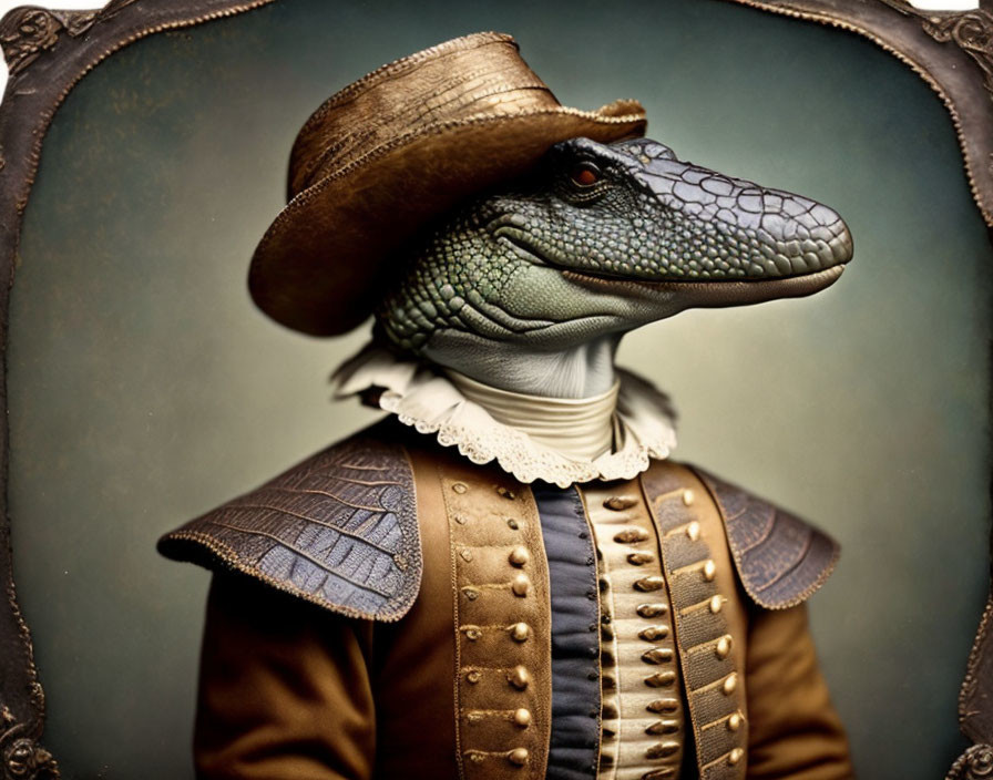 Alligator in Historical Attire with Ruffled Collar