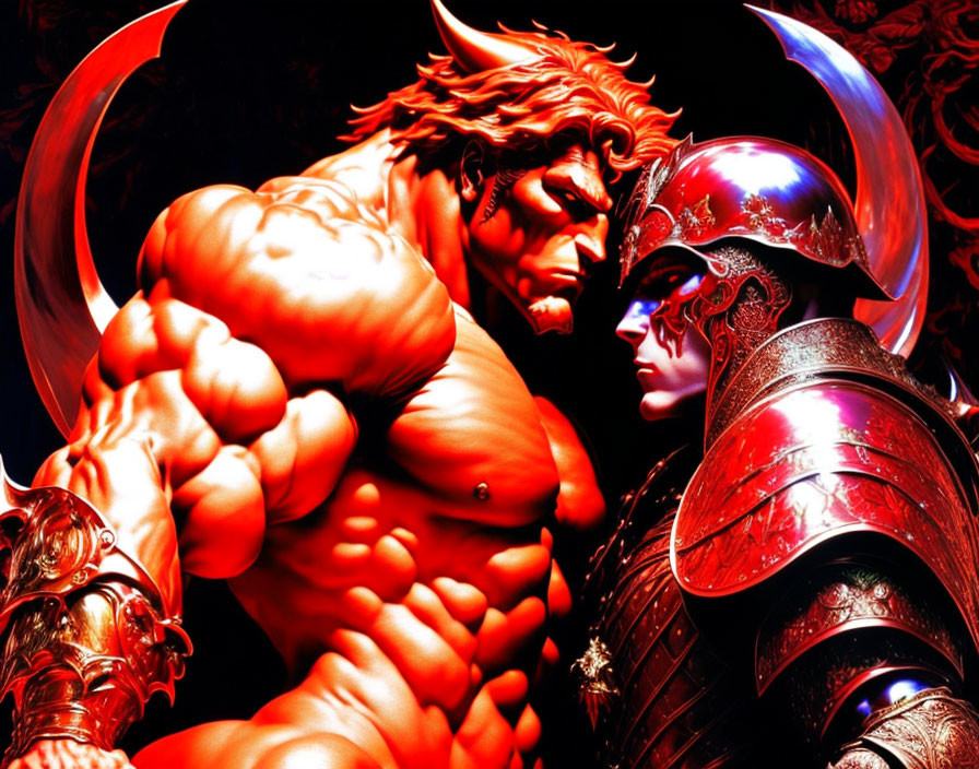 Animated characters with red skin and horns in ornate armor face off in intense confrontation