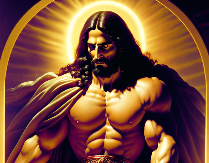 Muscular Male Figure with Halo in Religious Iconography Style