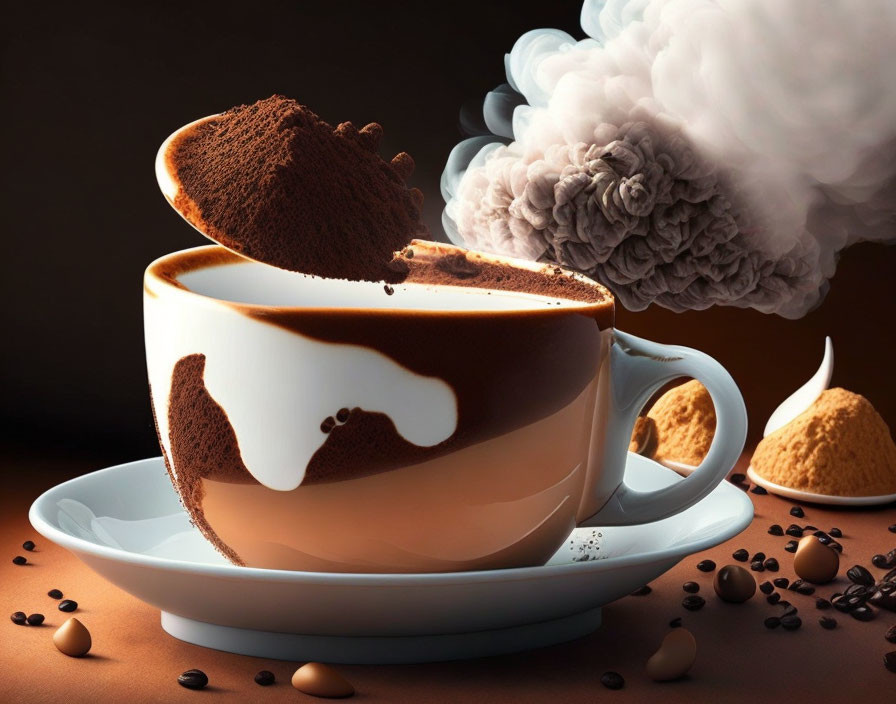 Whimsical coffee cup image with continents splash, scattered beans, and creamy swirl