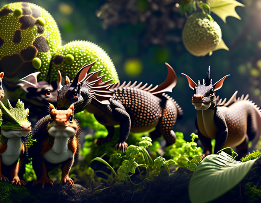 Colorful spiky-backed creatures in lush forest with oversized fruits