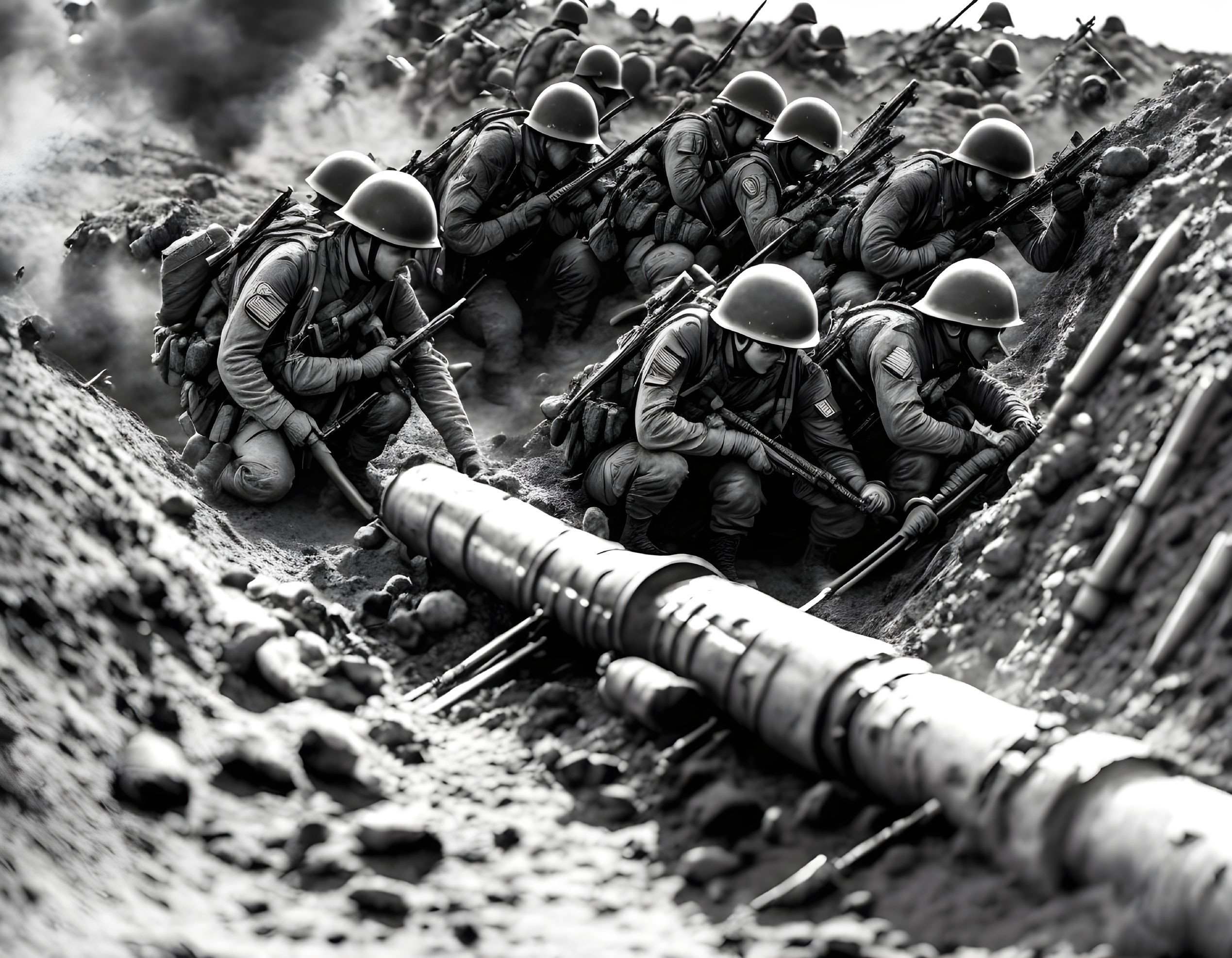 Military soldiers in helmets and combat gear advance in trench with rifles.