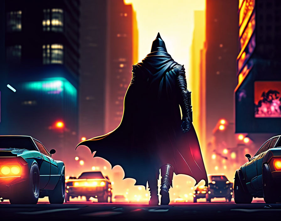 Caped superhero silhouette in neon-lit city street