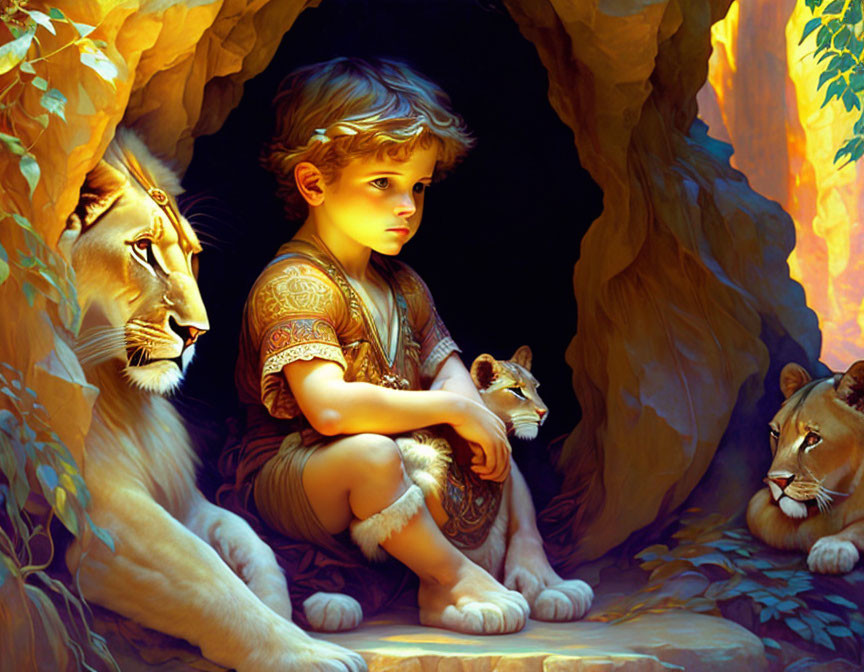 Child with curly hair sits by lions in a cave entrance