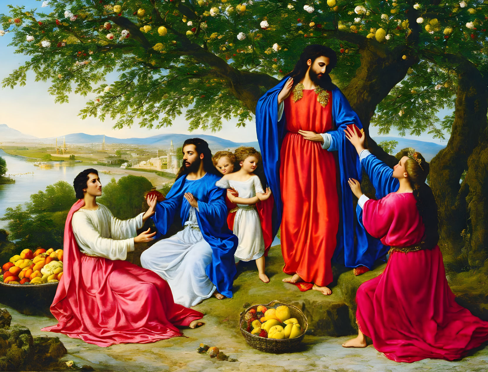 Religious painting of robed man blessing figures in idyllic landscape