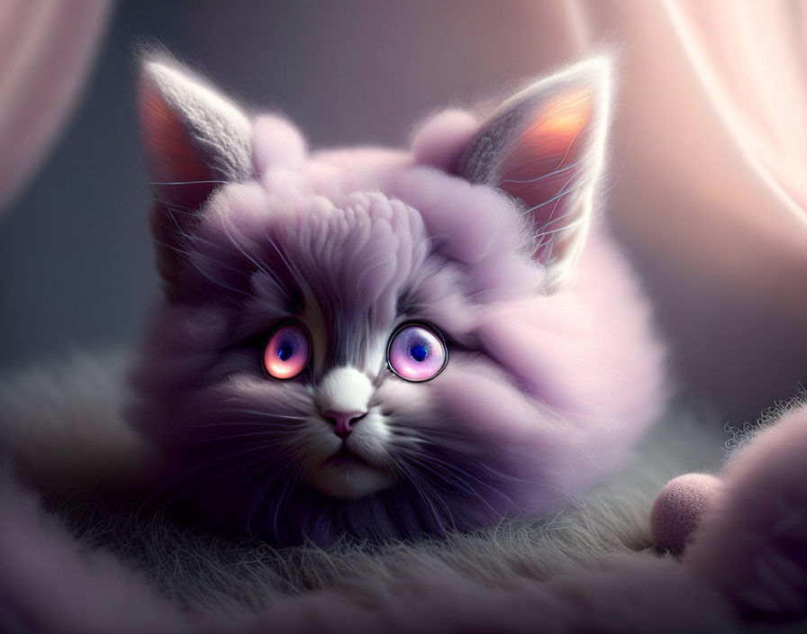 Fluffy surreal cat with pink ears and vibrant eyes in soft lighting