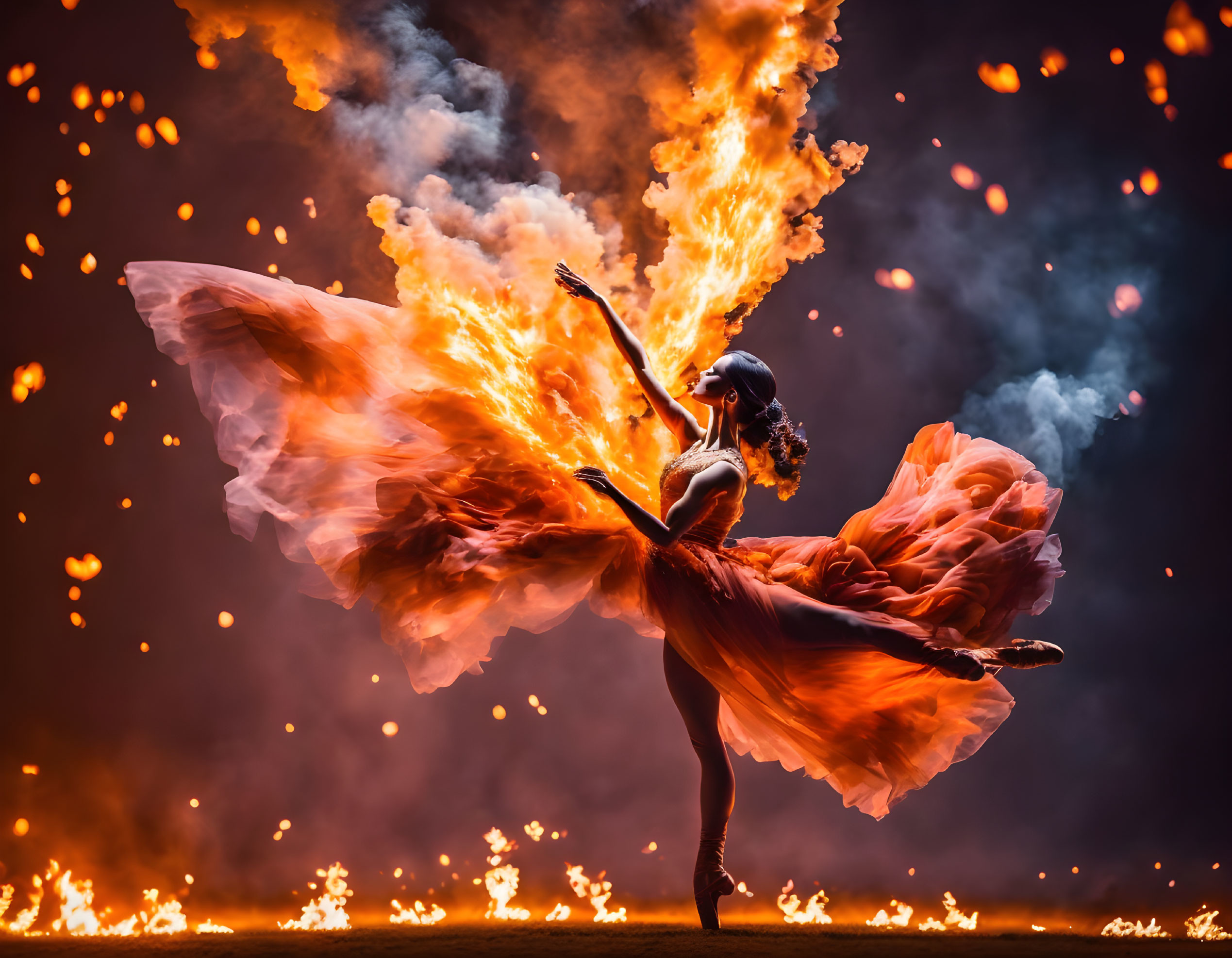 Fiery red ballet dancer amidst dramatic flames and embers.