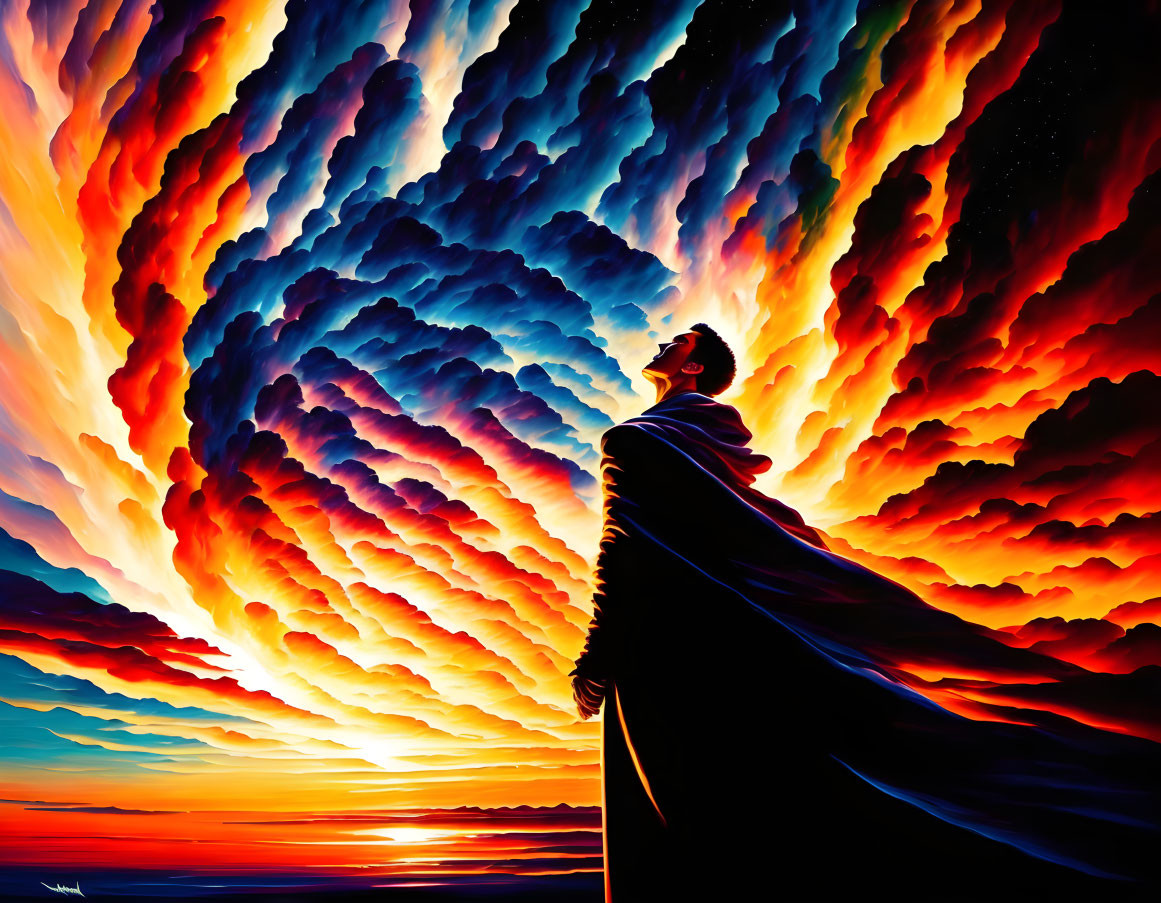 Person with cape under vibrant sunset sky with fiery clouds