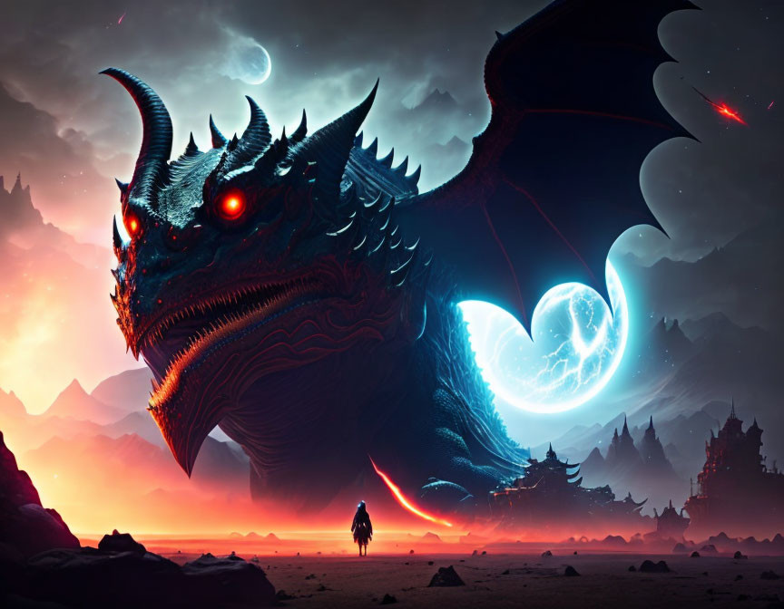 Majestic dragon and lone figure in red sky scene