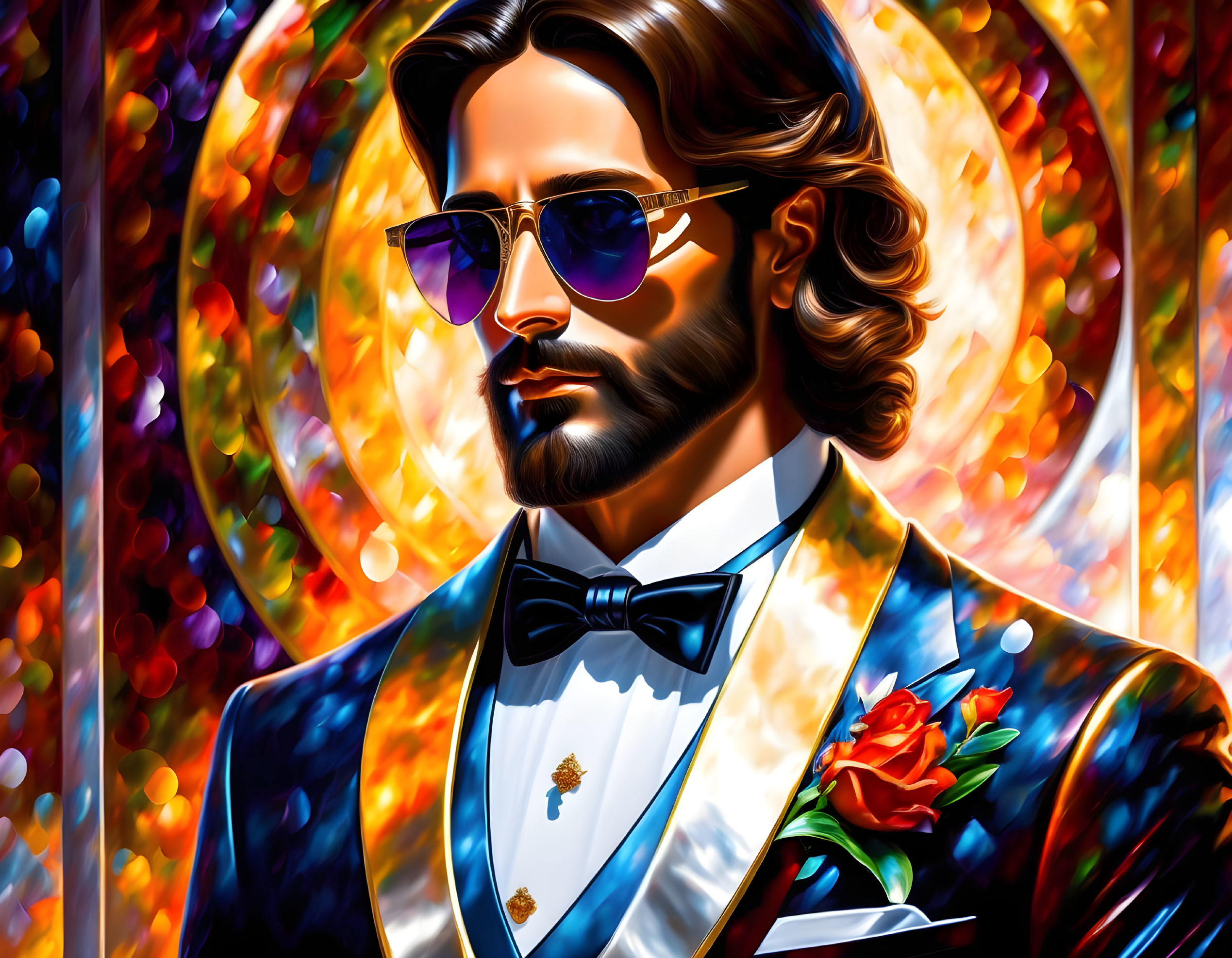 Colorful digital artwork of a bearded man in sunglasses and tuxedo