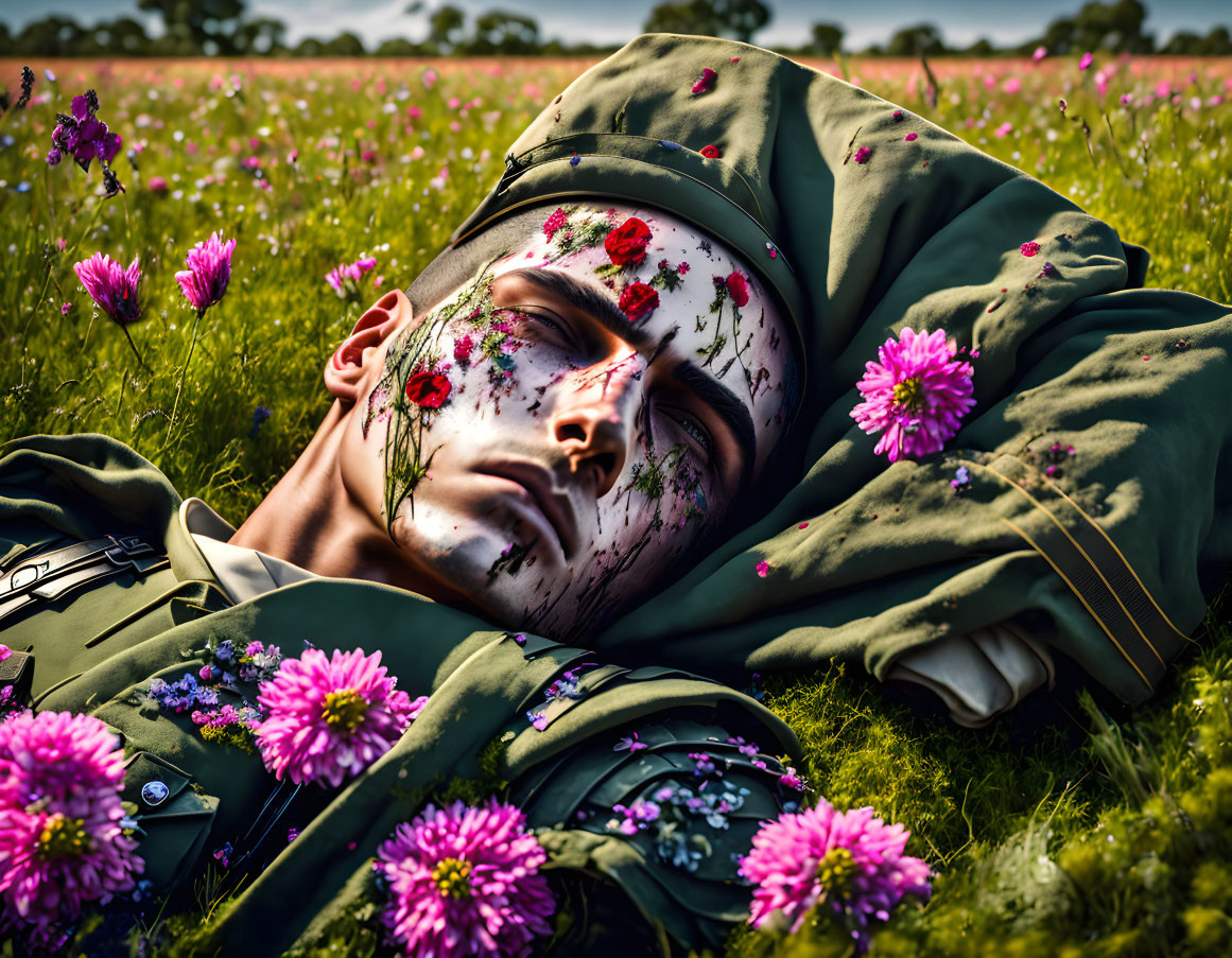 Military personnel rests in pink flower field.