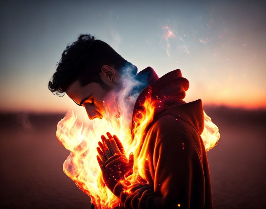 Fiery special effects around person in twilight setting