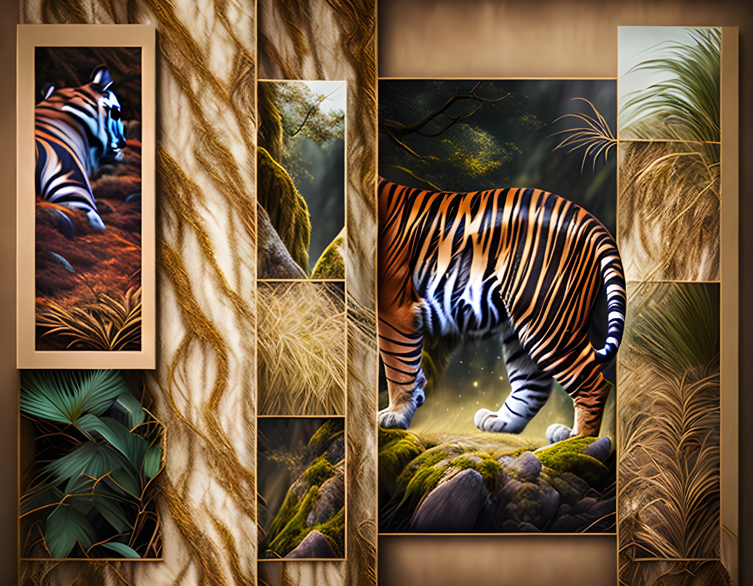 Nature-themed collage featuring majestic tiger and lush greenery panels