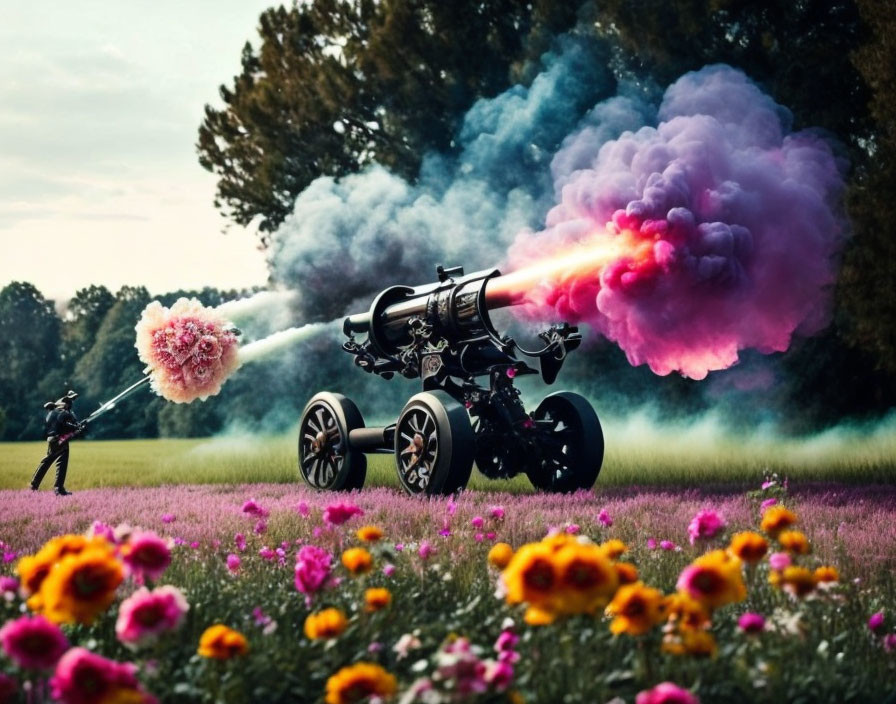 Colorful Smoke Plumes from Cannon in Flower Field Photographed by Artist