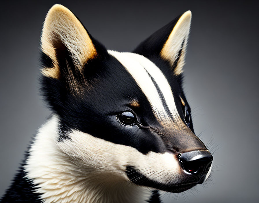 Black and White Corgi Dog with Erect Ears on Grey Background