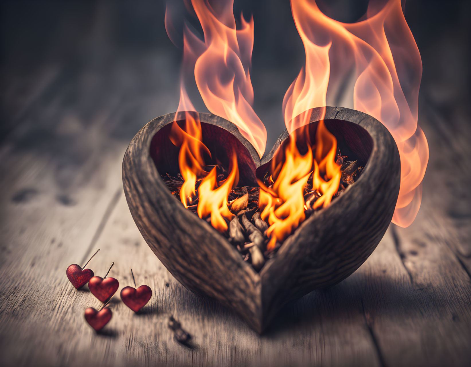 Flaming heart-shaped wooden bowl with miniature hearts and arrows on rustic surface