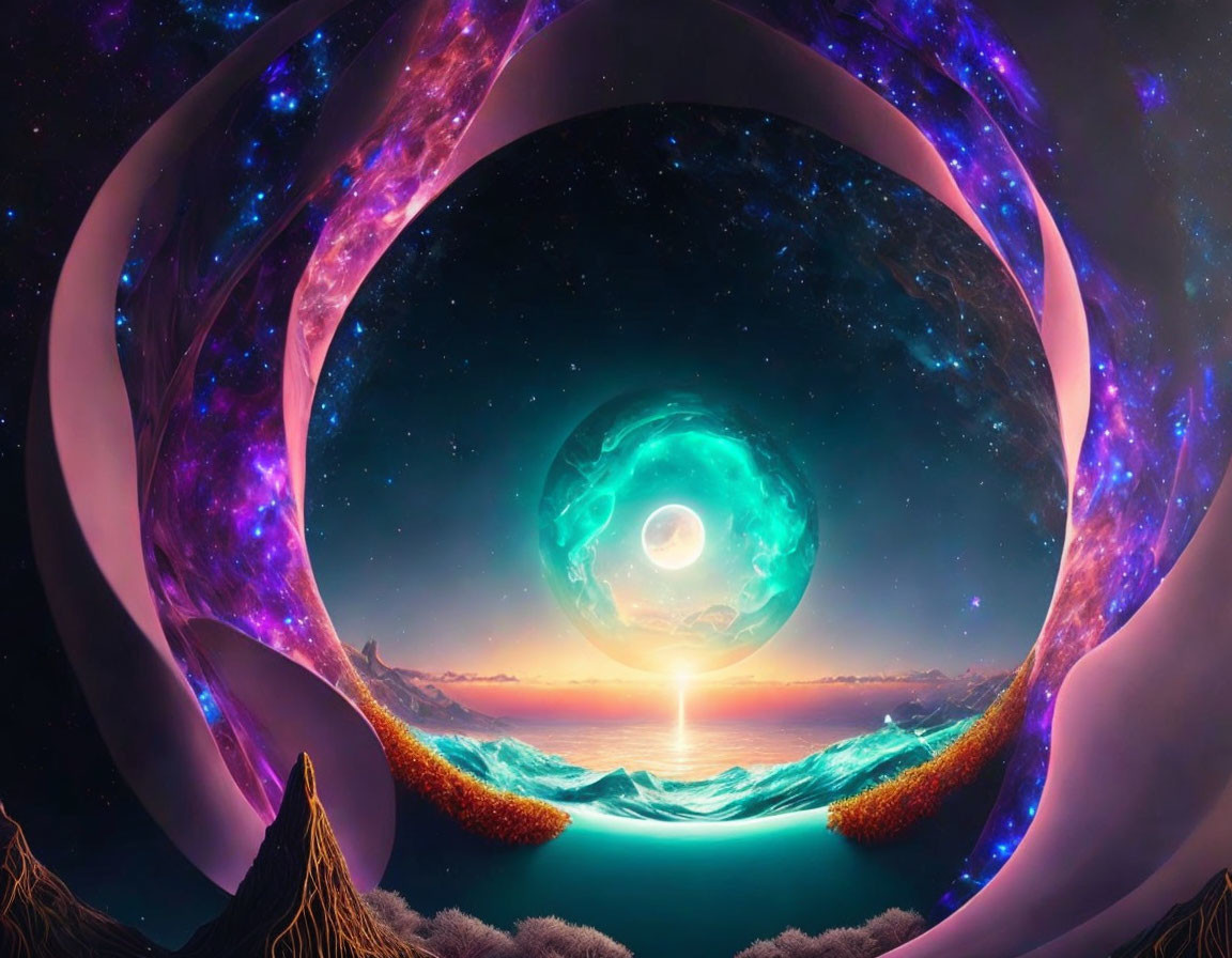 Surreal artwork featuring cosmic eye, purple arches, sea, mountains, and starry sky