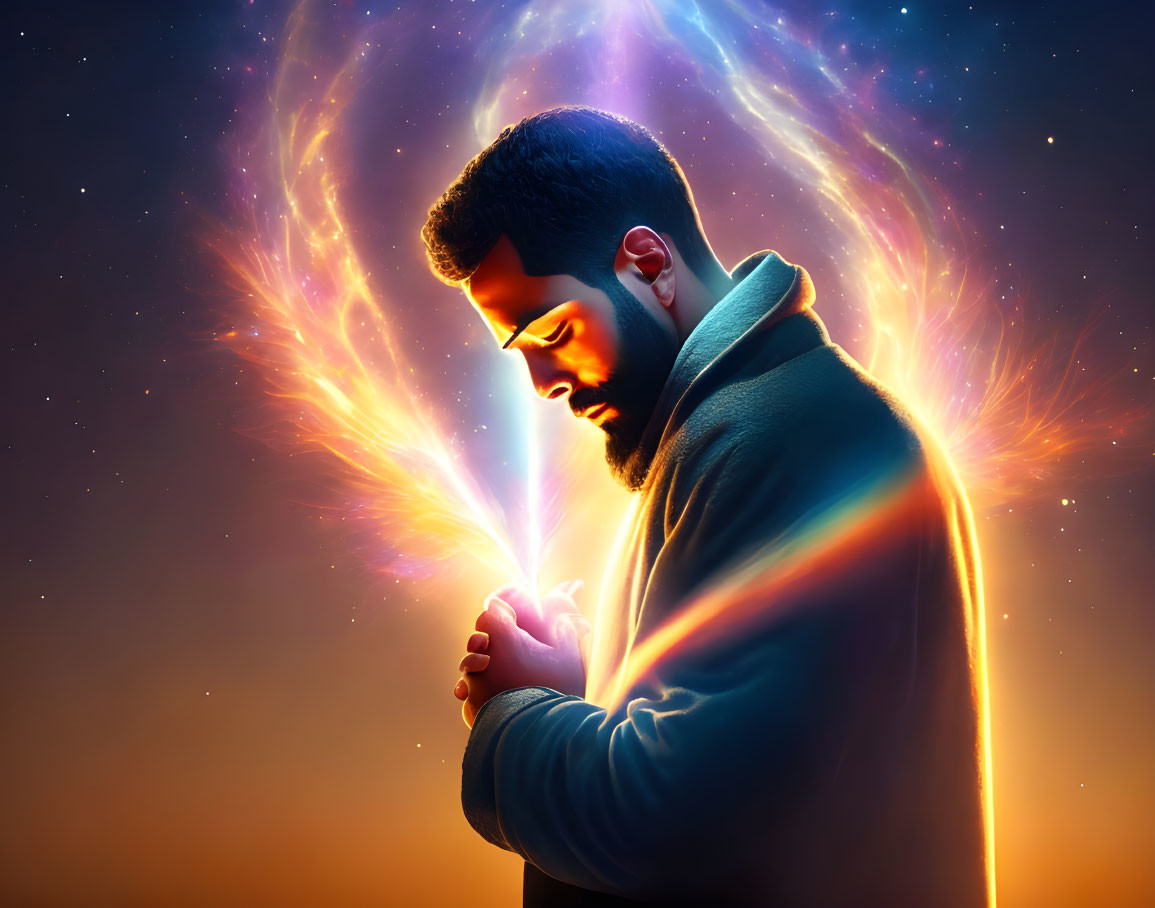 Bearded man in contemplative pose with radiant light beam against cosmic backdrop