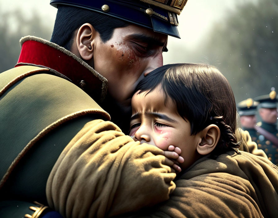 Soldier in uniform kissing distraught child's forehead