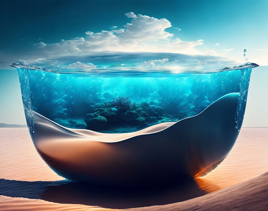 Surreal image: glass bowl with ocean water, marine life, desert sand, cloudy sky