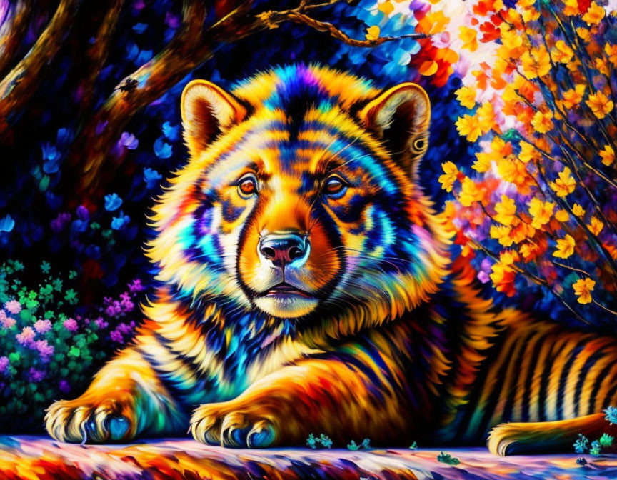 Colorful Tiger Resting Under Tree with Vibrant Leaves & Flowers