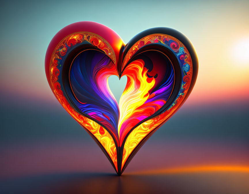 Colorful 3D-rendered heart with swirling patterns on sunset background