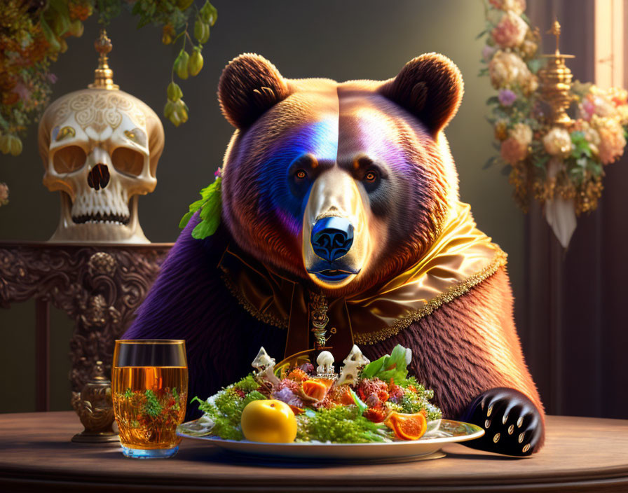 Anthropomorphized bear in historical attire at lavish meal with golden goblet and ornate skull