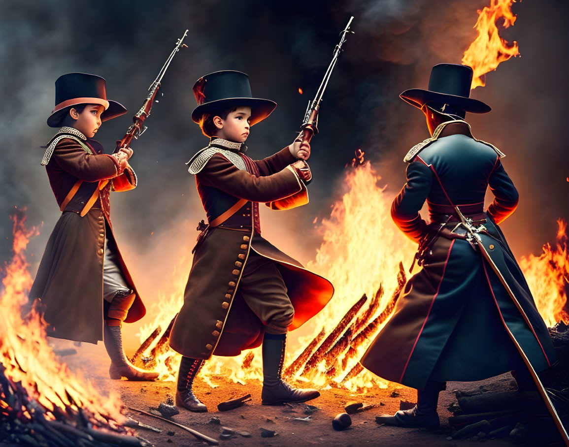 Three soldiers in historical military uniforms holding rifles in front of flames