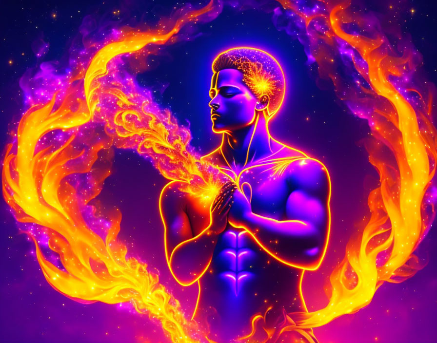 Colorful digital art: Man surrounded by swirling flames in purple, orange, and yellow, with a