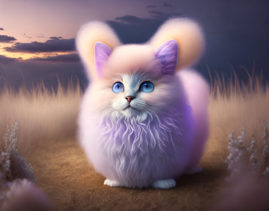 Fluffy cat with blue eyes and purple ears in a dusk field