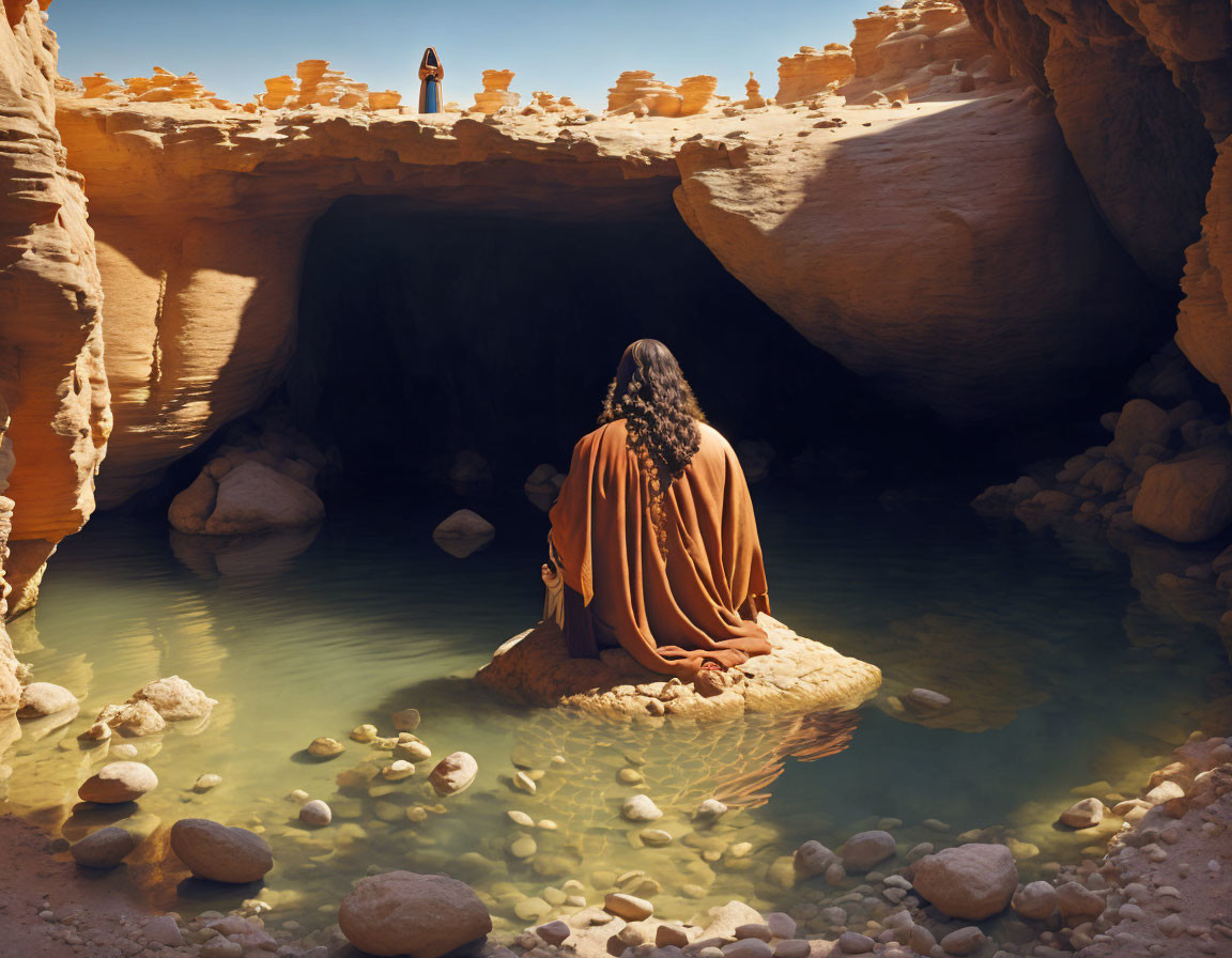 Person in robe sitting by tranquil pool in sunlit cave with another figure standing nearby