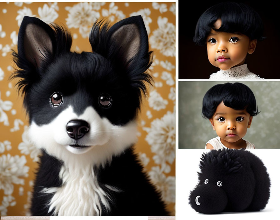 Realistic black and white dog, child portrait, and fluffy hedgehog toy in triptych collage