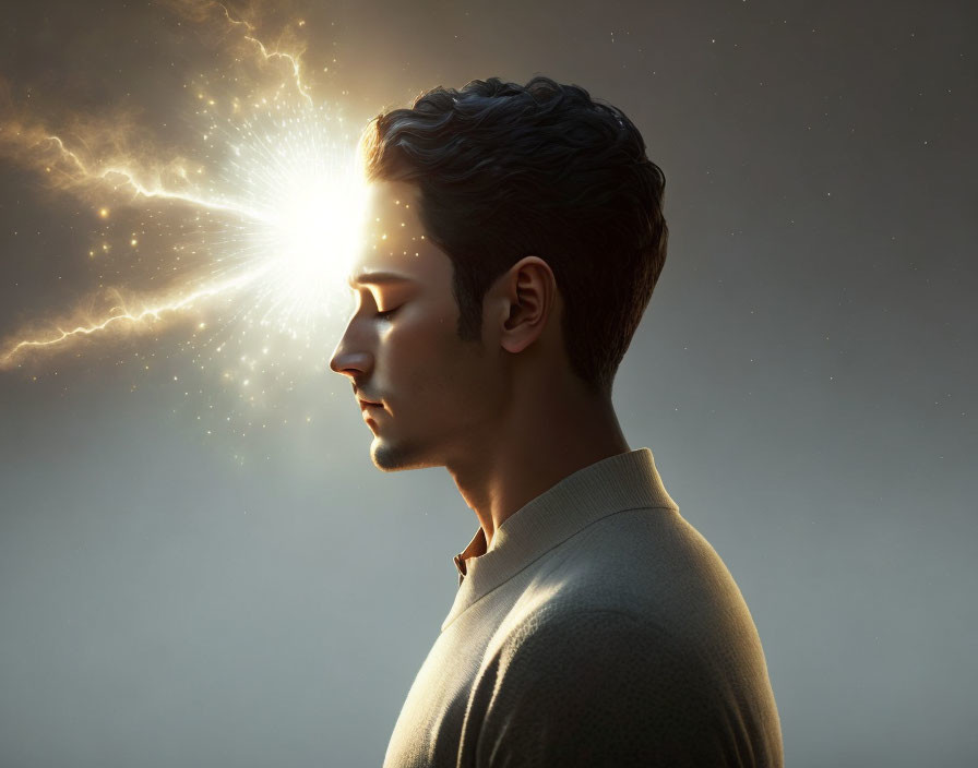 Man's profile with burst of light symbolizing enlightenment